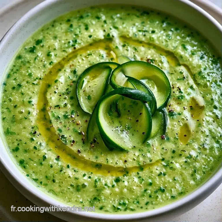 Velout&eacute; vert tendre servi dans un bol en verre, d&eacute;cor&eacute; d'un filet d'huile d'olive dor&eacute;e et de feuilles de menthe fra&icirc;che.