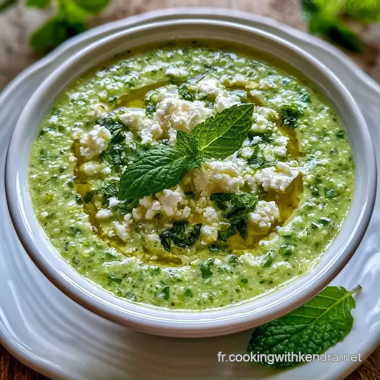 Soupe onctueuse vert clair dans un verre moderne, d&eacute;cor&eacute;e de feta &eacute;miett&eacute;e et d'un filet d'huile d'olive dor&eacute;e.