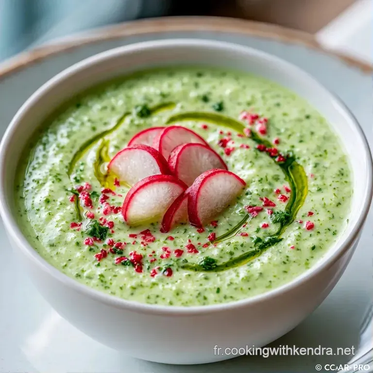 Velout&eacute; vert frais dans un bol blanc, garni de fines tranches de radis roses et de gouttes de cr&egrave;me onctueuse.