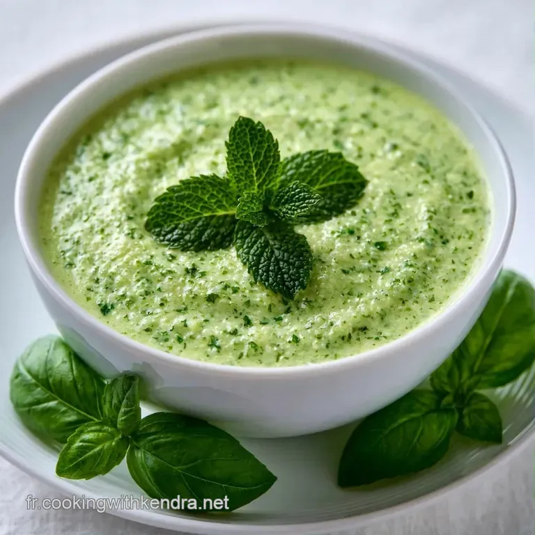 Velout&eacute; vert clair dans un bol blanc &eacute;pur&eacute;, d&eacute;cor&eacute; de feuilles de menthe fra&icirc;che et de petits &eacute;clats de concombre.