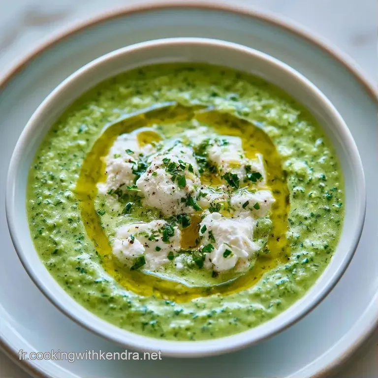 Bol minimaliste rempli d'un velout&eacute; vert tendre, agr&eacute;ment&eacute; de d&eacute;s de fromage blanc et d'un filet d'huile dor&eacute;e.