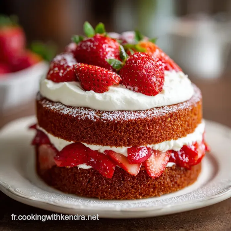 Elegant slice of strawberry cake. Layers of white cream and sliced red strawberries sit between golden cake layers.