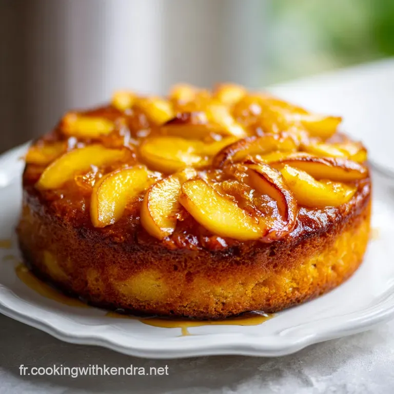 Une part de g&acirc;teau moelleux sur assiette blanche avec des tranches de pommes fondantes et un voile de sucre glace.