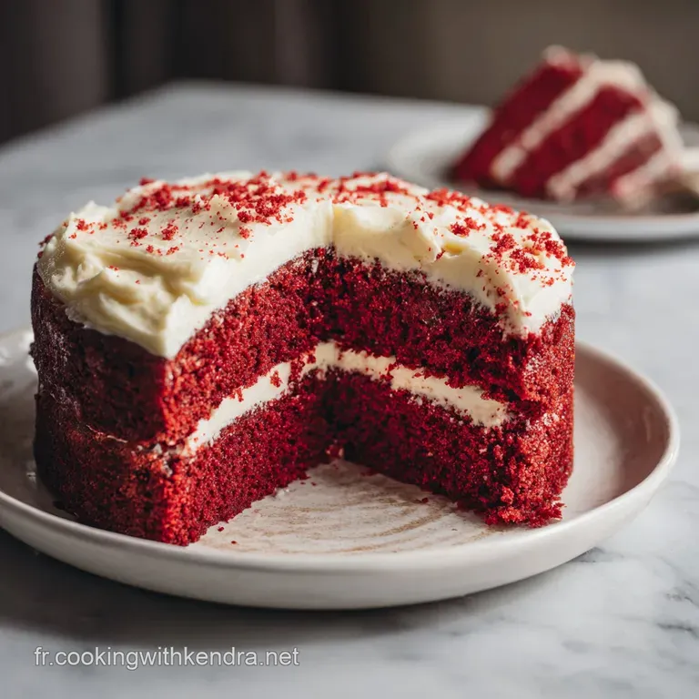 A slice of vibrant red velvet cake on a white plate, showcasing the moist crumb and creamy frosting, dusted with cocoa pow...