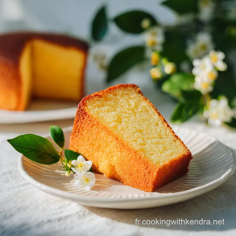 A slice of soft vanilla cake, glistening with a light glaze, sits on a white plate, beckoning you to take a bite. Simple, ...