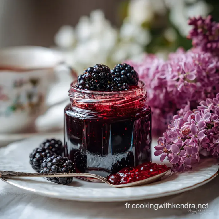 A spoonful of dark, glossy blackberry jelly glistening on a rustic wooden board beside ripe berries and a silver spoon.