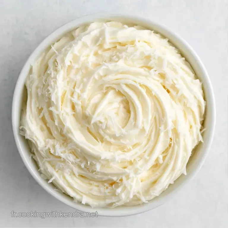 Une part de g&acirc;teau moelleuse sur une assiette blanche, surmont&eacute;e d'une cr&egrave;me onctueuse et d'&eacute;clats de coco.
