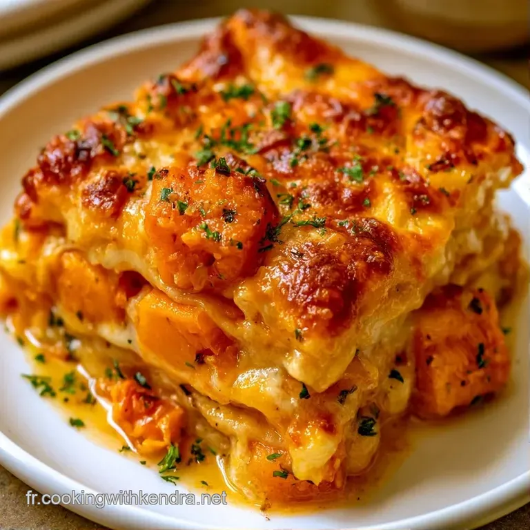 Une portion carr&eacute;e aux tons orang&eacute;s fondants, d&eacute;pos&eacute;e dans une assiette blanche avec un filet de cr&egrave;me onctueuse.