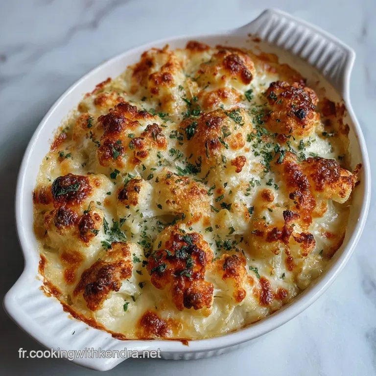 Creamy cauliflower gratin presented elegantly, steam rising, hints of herbs, and golden browned edges, offering comforting...