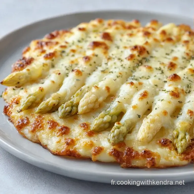 Tranches d'asperges fondantes napp&eacute;es de cr&egrave;me onctueuse, servies sur une assiette blanche avec une touche de vert.