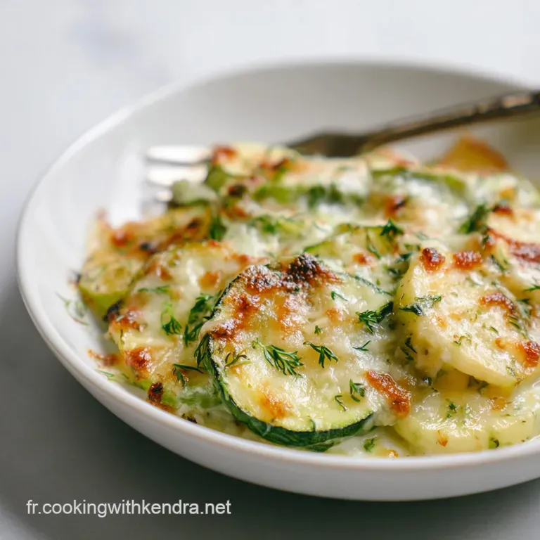 Slice of zucchini gratin on a white plate. Crispy browned edges contrast with the creamy, tender zucchini interior. Parsle...