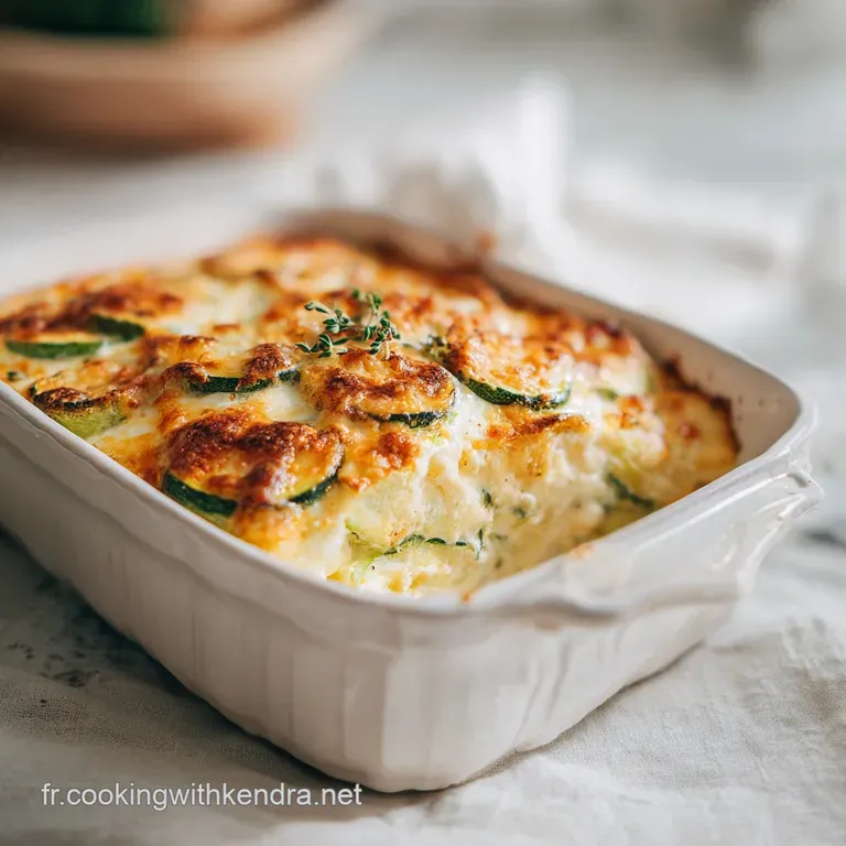 A generous scoop of golden-crusted zucchini gratin served in a rustic ceramic dish.