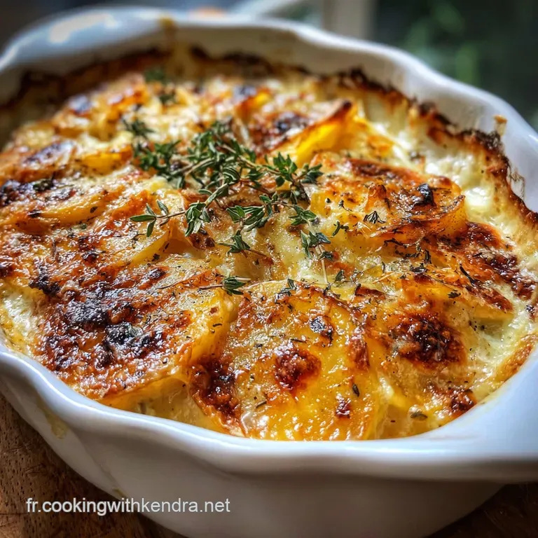 A single serving of layered potato gratin with a perfectly browned top, garnished with fresh thyme sprigs on a white plate.
