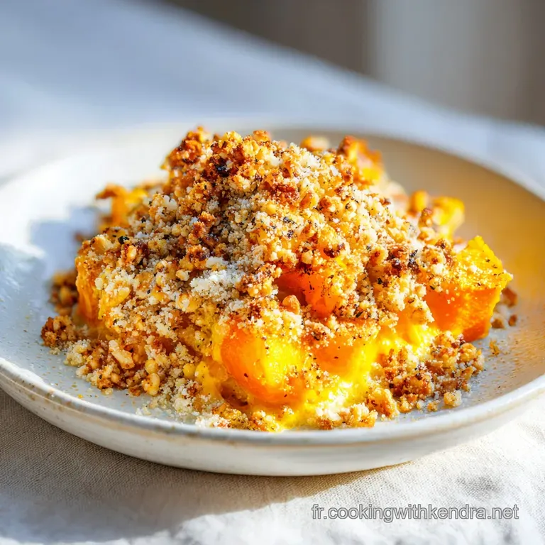 A creamy, rich, orange hued pumpkin gratin in a ceramic bowl. Steaming, with hints of herbs and spices. Served elegantly, ...