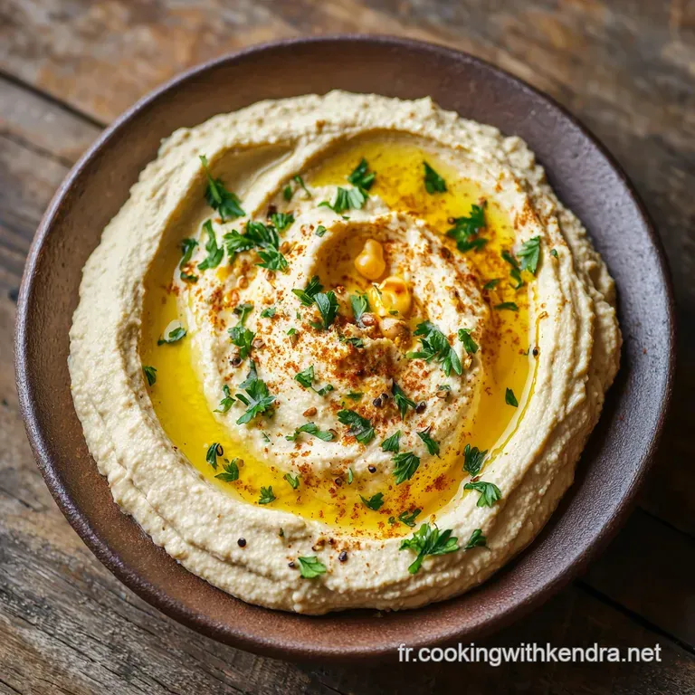 Smooth hummus spread elegantly on a plate, topped with whole chickpeas and a generous pour of golden olive oil, ready to d...