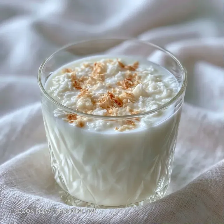 Un verre givr&eacute; rempli d'un breuvage blanc nacr&eacute;, pos&eacute; &agrave; c&ocirc;t&eacute; d'un morceau de coco fra&icirc;che sur une table en bois clair.