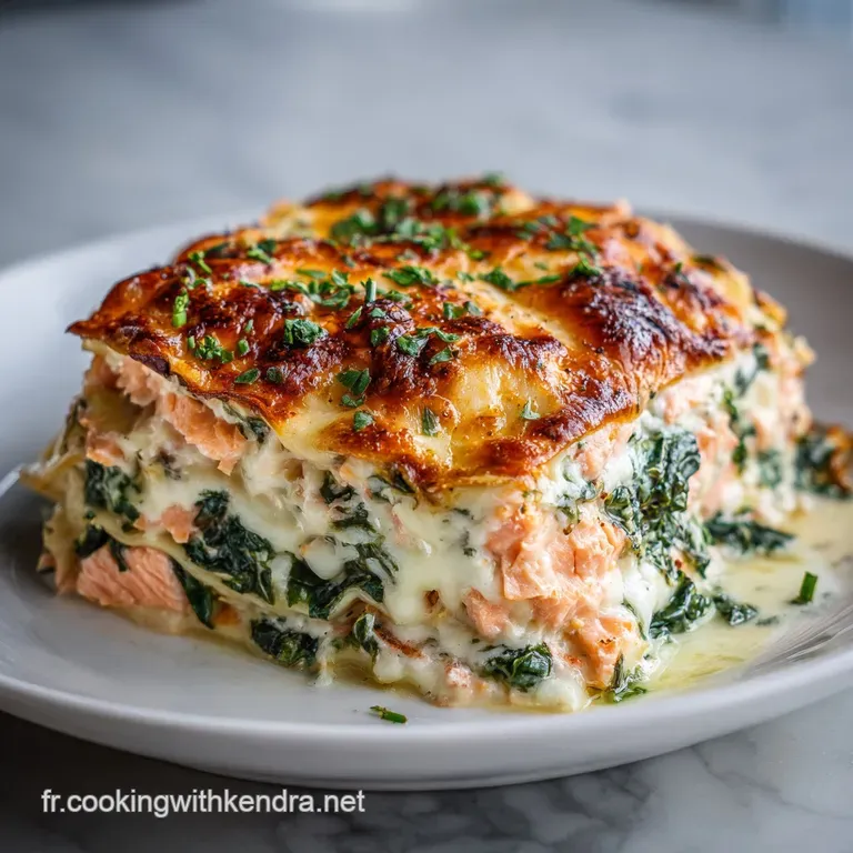 A slice of salmon lasagna with flaky crust and visible salmon layers, plated elegantly with a sprig of fresh parsley and l...