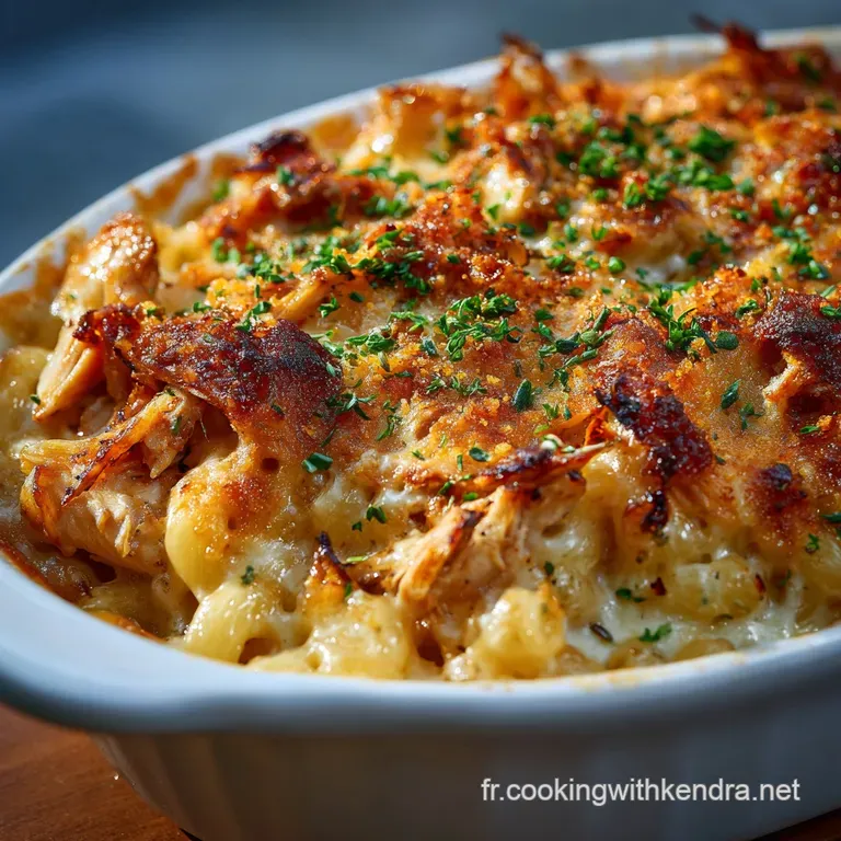 Macaroni Cheese Au Poulet Caramelis&eacute; Au Miel : La Version Cr&eacute;meuse Et Gratin&eacute;e Du Chef. presentation