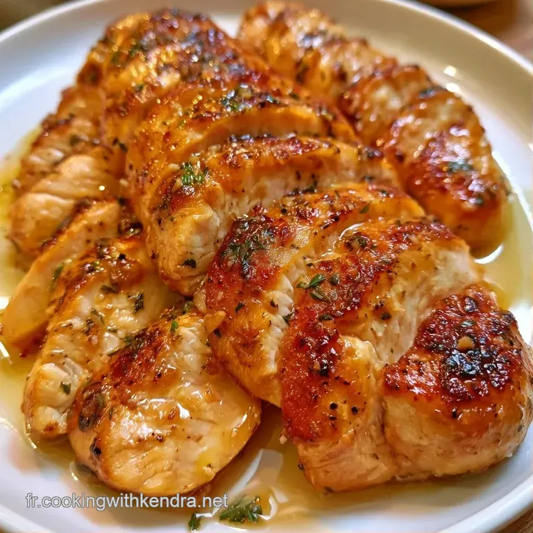 Blancs de poulet tendres et brillants, accompagn&eacute;s d'un filet de sauce onctueuse et de quelques brins de thym.