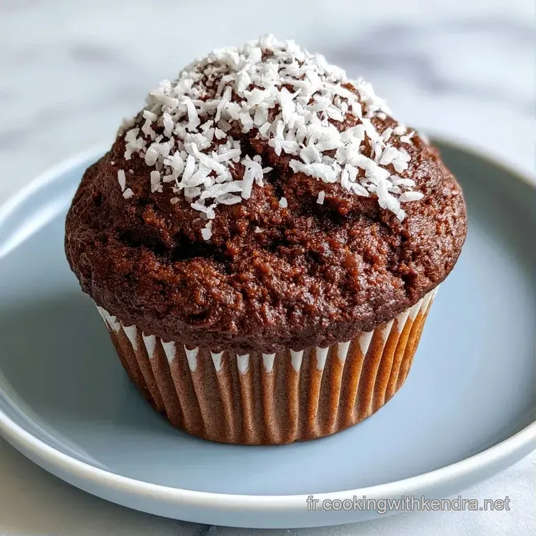Muffin moelleux pos&eacute; sur une assiette blanche, d&eacute;cor&eacute; de noix de coco r&acirc;p&eacute;e et d'un filet de chocolat fondant et brillant.