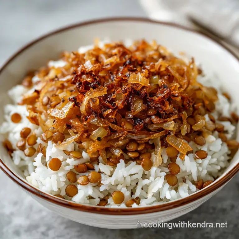 A rustic clay bowl brimming with lentil-rice pilaf, crowned with crisp, sweet onions and a sprig of fresh parsley.