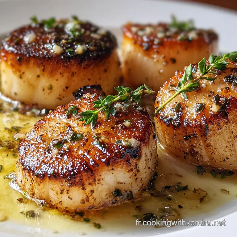 Perfectly seared scallops with delicate browning, nestled on a creamy sauce, ready to eat with fresh herbs.