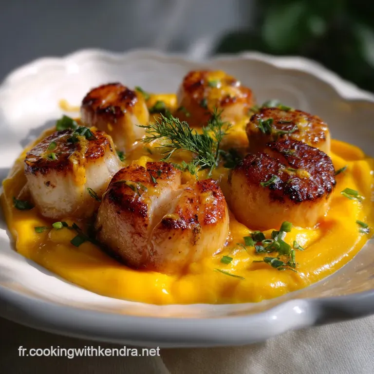 Elegant plate with perfectly browned scallops nestled in creamy sauce, garnished with fresh parsley and a drizzle of olive...