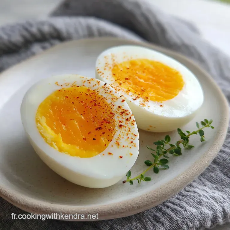 Elegant arrangement of sliced hard-boiled eggs with bright yolks on a patterned plate. A sprinkle of black pepper.