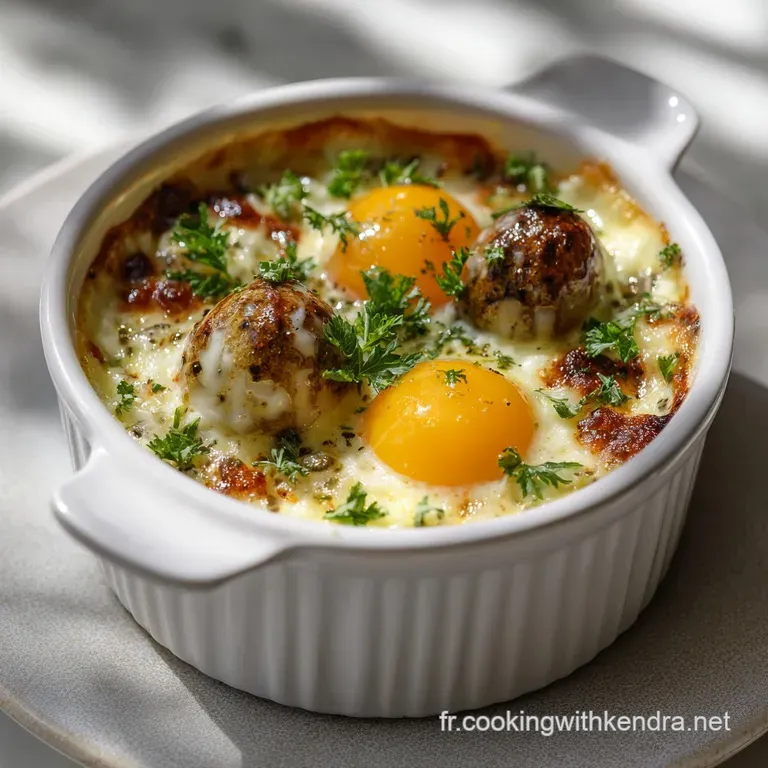 Elegant serving of creamy quail eggs in cocotte, arranged on a rustic wooden board, a visual symphony of textures and colors.