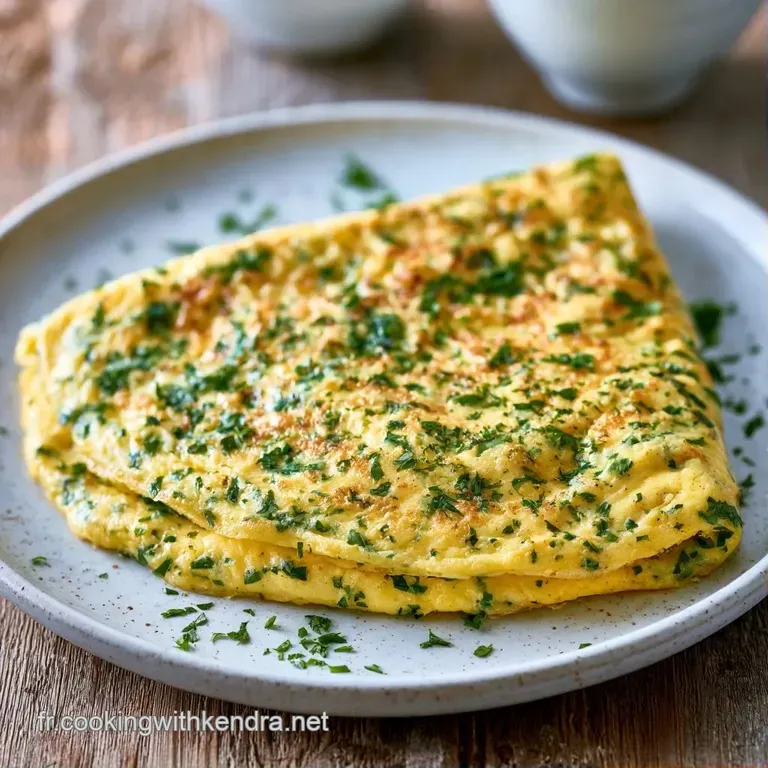 Omelette pli&eacute;e avec soin, aux bords l&eacute;g&egrave;rement grill&eacute;s, accompagn&eacute;e de brins de ciboulette sur un linge en lin gris.