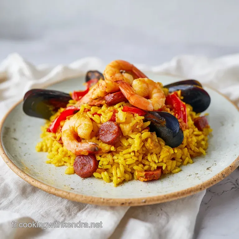 Portion de riz safran&eacute; dor&eacute; dress&eacute;e avec soin, accompagn&eacute;e de fruits de mer nacr&eacute;s et d'un quartier de citron frais.