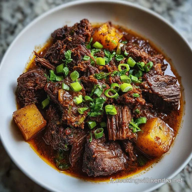 Tender slices of braised beef, swimming in deep brown sauce, elegantly plated with bright green parsley sprig and creamy m...