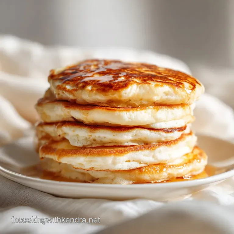 Three fluffy pancakes drizzled with golden syrup, topped with berries on a white plate. A bright, inviting breakfast scene.