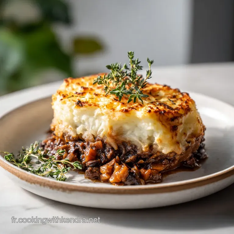 Elegant ramekin of duck confit Parmentier. The potato crust is golden with herbs and a sprig of thyme. Inviting, warm, and...