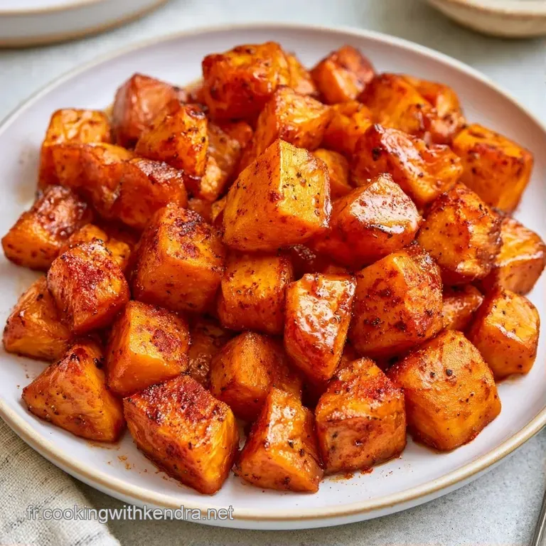 Cubes orang&eacute;s fondants dispos&eacute;s avec soin sur une assiette blanche, surmont&eacute;s d'un filet d'huile brillante et d'herbes.