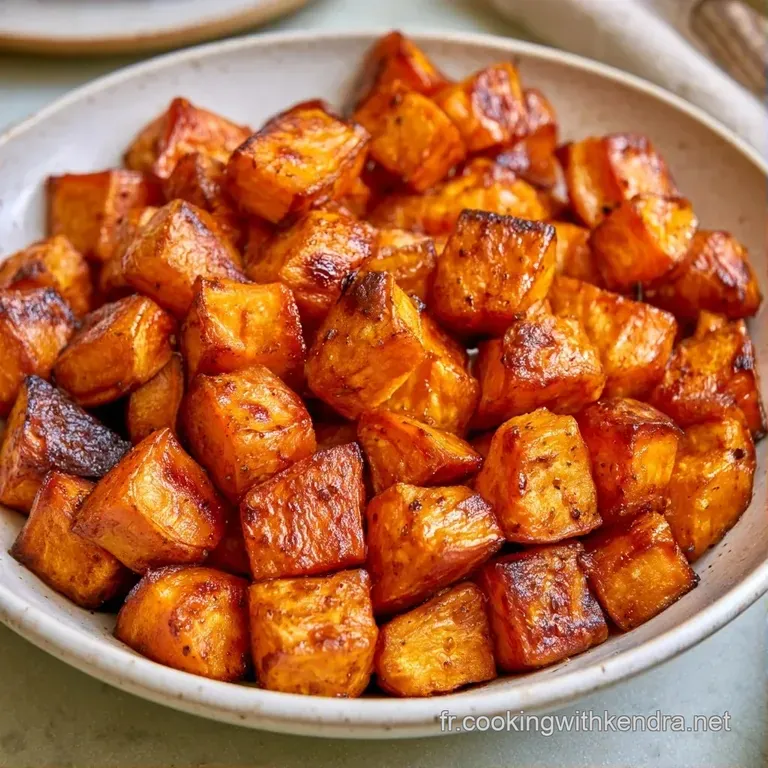 D&eacute;s de l&eacute;gumes orange caram&eacute;lis&eacute;s dispos&eacute;s avec soin sur une assiette blanche, contrastant avec des &eacute;clats de vert.