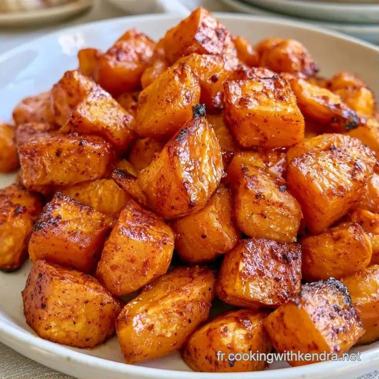 Morceaux de l&eacute;gumes orang&eacute;s fondants, saupoudr&eacute;s d'herbes vertes fra&icirc;ches, dress&eacute;s avec soin sur une assiette blanche.
