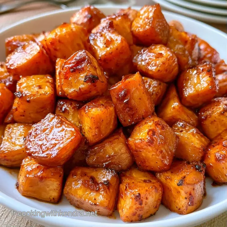 Morceaux de patates douces caram&eacute;lis&eacute;es et brillantes, dispos&eacute;s avec &eacute;l&eacute;gance dans une assiette blanche et &eacute;pur&eacute;e.