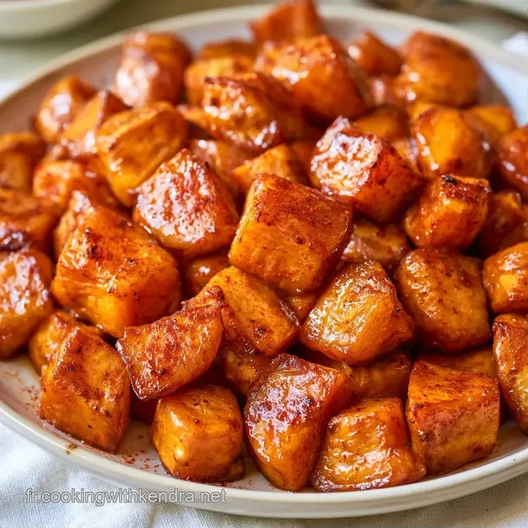 Cubes orang&eacute;s fondants et croustillants dispos&eacute;s avec soin sur une assiette blanche, garnis d'herbes fra&icirc;ches vertes.