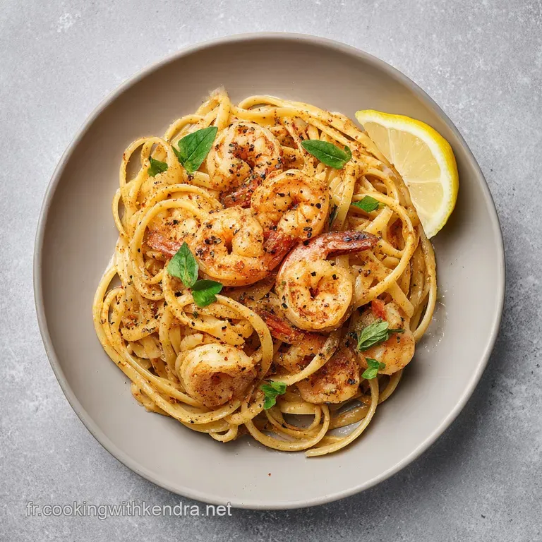Perfectly plated shrimp pasta: al dente noodles twirled high, succulent shrimp artfully arranged, finished with fresh herb...