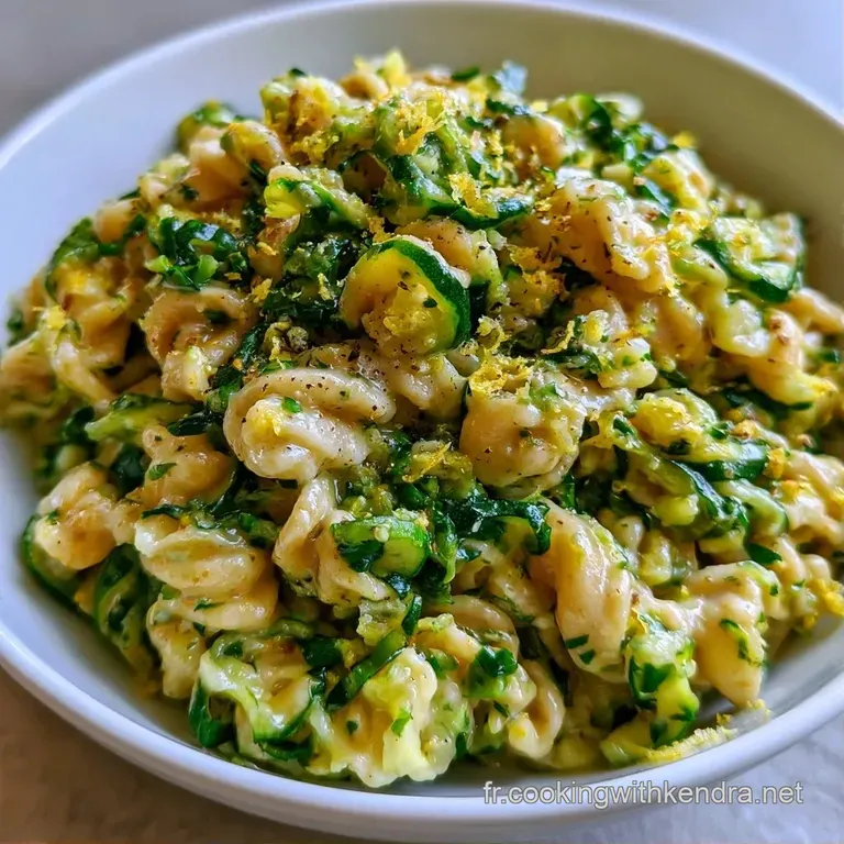 Spaghetti en spirale dans une assiette blanche, agr&eacute;ment&eacute;s de courgettes fondantes et d'une sauce onctueuse et brillante.
