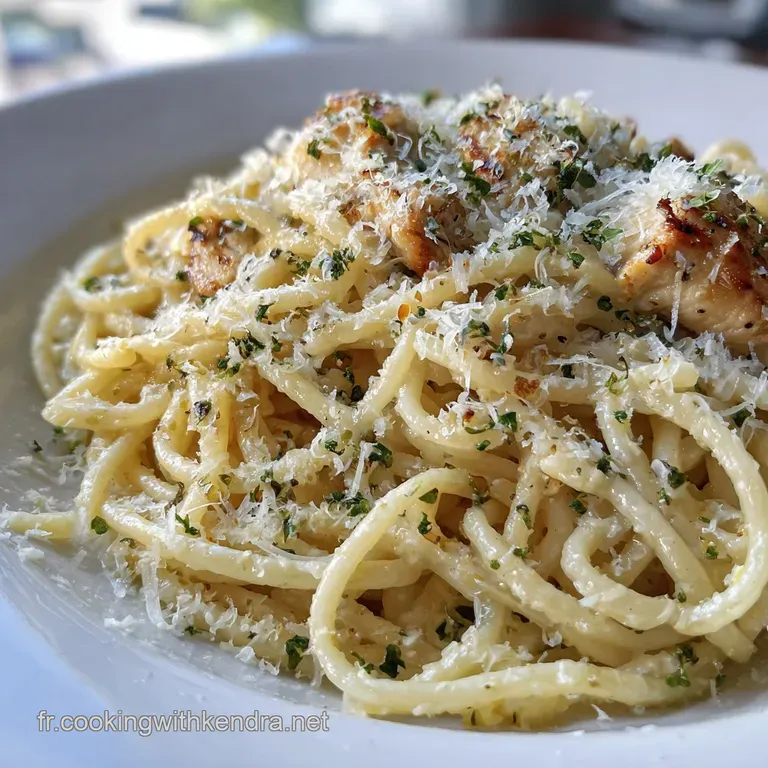 Perfectly plated chicken pasta: glistening sauce, artful chicken slices, fresh basil, and grated cheese rimming the pasta.