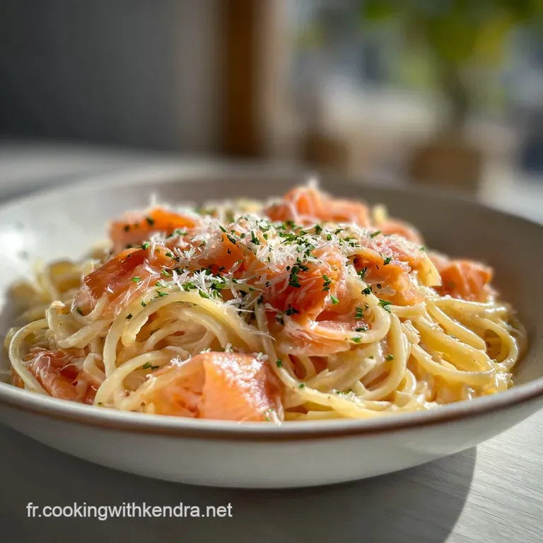 Elegant plate featuring twirled pasta with glistening salmon, dollops of creamy sauce and sprigs of fresh dill for a sophi...