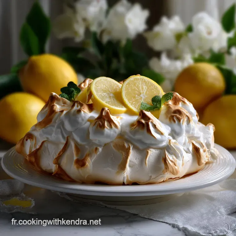 Elegant, individual pavlovas, boasting golden-brown meringue shells, creamy lemon filling, and ruby-red berries on a white...