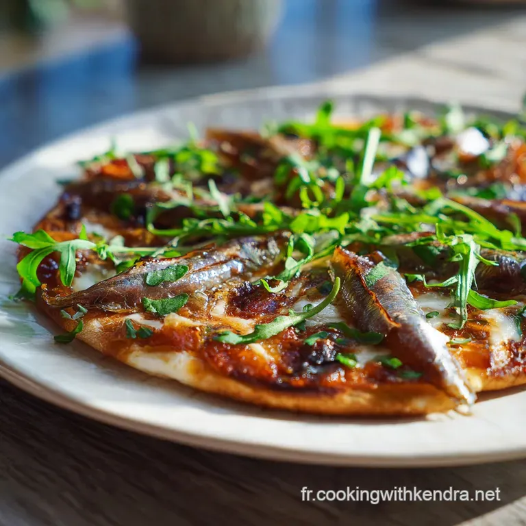 A rustic pizza slice, warm and inviting with melted cheese, sits on a plate; anchovies glisten, promising a savory delight.