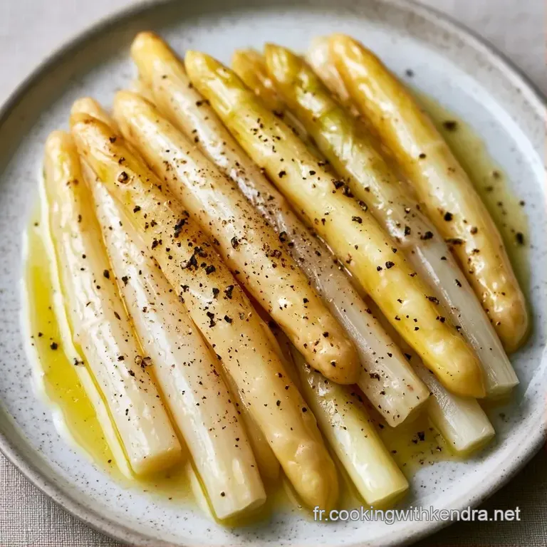 Asperges blanches align&eacute;es avec soin dans une assiette blanche, contrast&eacute;es par une sauce onctueuse et jaune p&acirc;le.