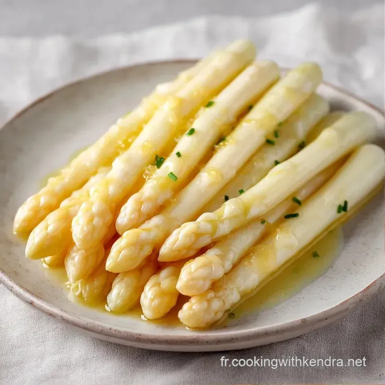 Asperges nacr&eacute;es dispos&eacute;es avec soin sur une assiette blanche, entour&eacute;es d'une sauce onctueuse et velout&eacute;e.