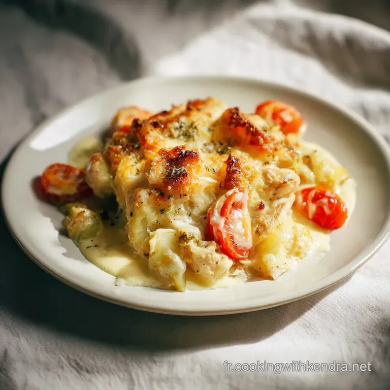 A generous portion of cheesy baked casserole, steaming gently. Garnished with fresh parsley on a white plate. Ready to be ...