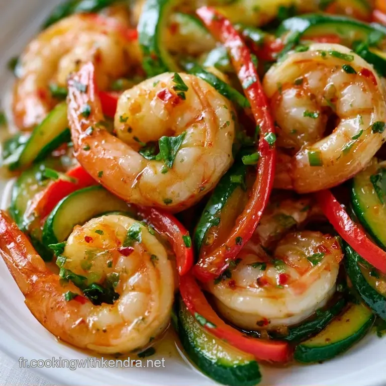 Crevettes nacr&eacute;es dispos&eacute;es avec soin, napp&eacute;es d'une sauce onctueuse et brillante avec une touche de verdure fra&icirc;che.
