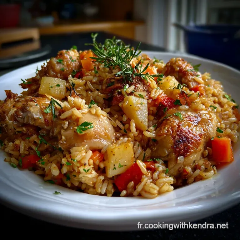 Elegant white bowl filled with velvety soup, showcasing tender chicken pieces and fluffy rice. Garnished with a delicate h...
